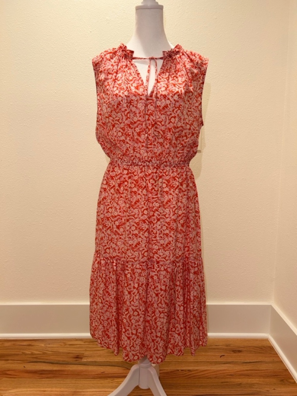 Rebecca Taylor Red White Print Dress Size 8 Elastic Waist Lined